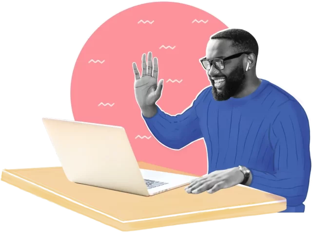 a guy high-fiving on a laptop screen