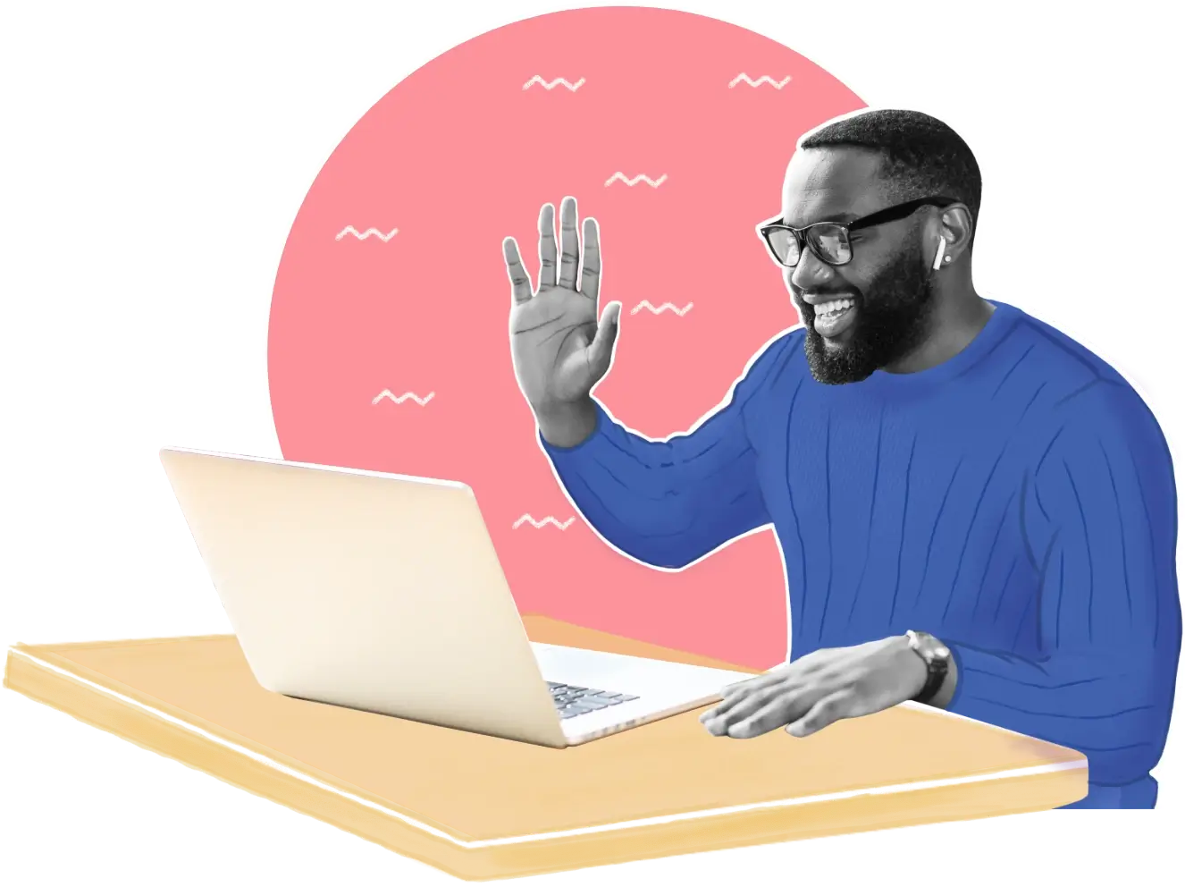 a guy high-fiving on a laptop screen