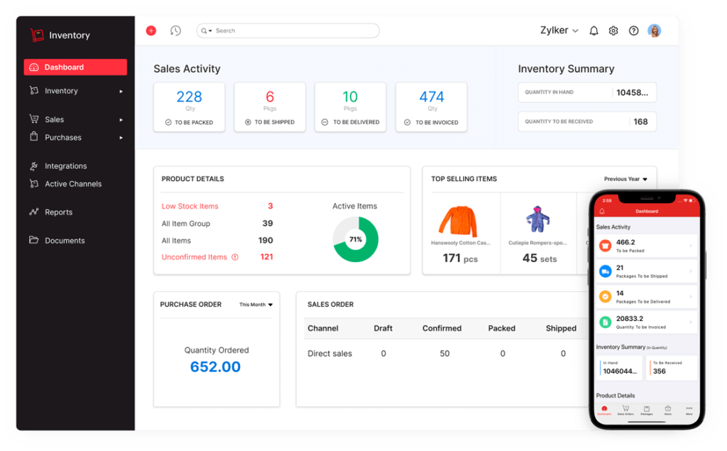 interface of zoho inventory software