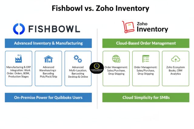 Al Fahad IT Consulting logo in between the differences of Fishbowl and Zoho Inventory