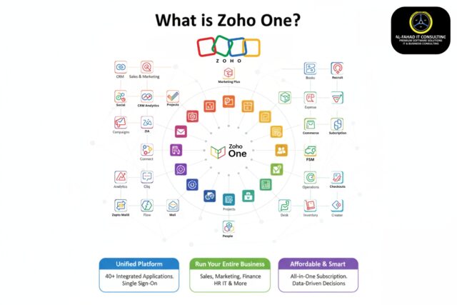 Zoho One logo in the center branching to it's software suites