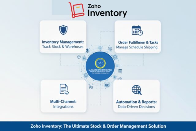 Al Fahad It Consulting logo in the center branching out to zoho inventory features