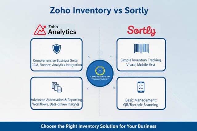 Al Fahad IT Consulting logo in the center of Zoho Analytics and Sortly differences