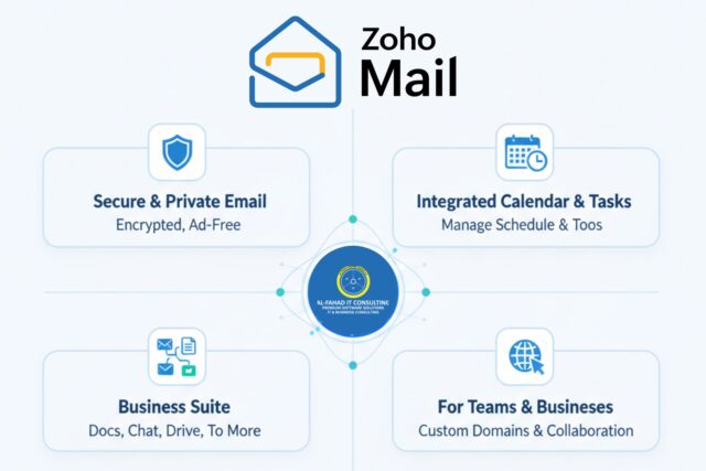 Al Fahad IT Consulting logo in the center branching out to zoho mail features