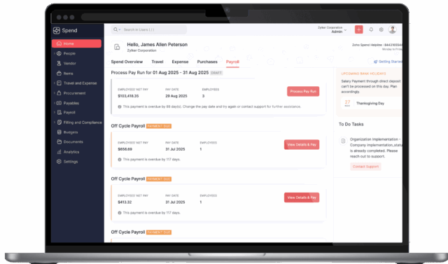 zoho spend dashboard on a laptop screen