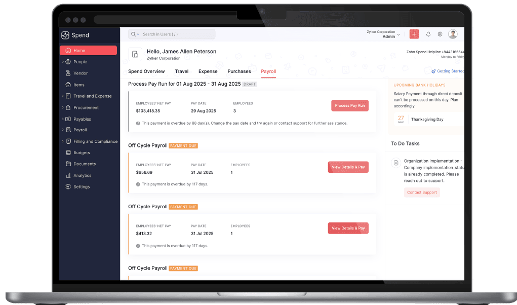 zoho spend dashboard on a laptop screen