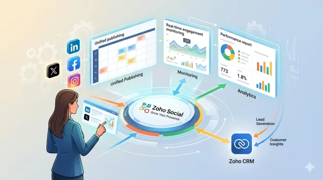 An animated girl using Zoho Social powerful features