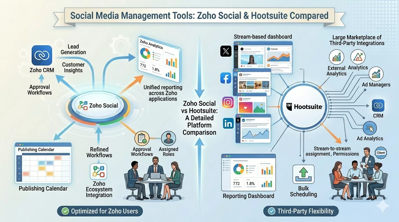 graphical representation of the differences between zoho social and hootsuite