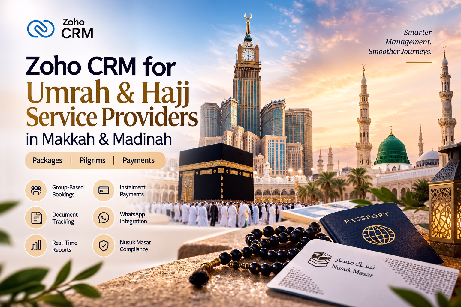 CRM for Umrah companies dashboard tracking packages, pilgrims, and instalment payments in Zoho