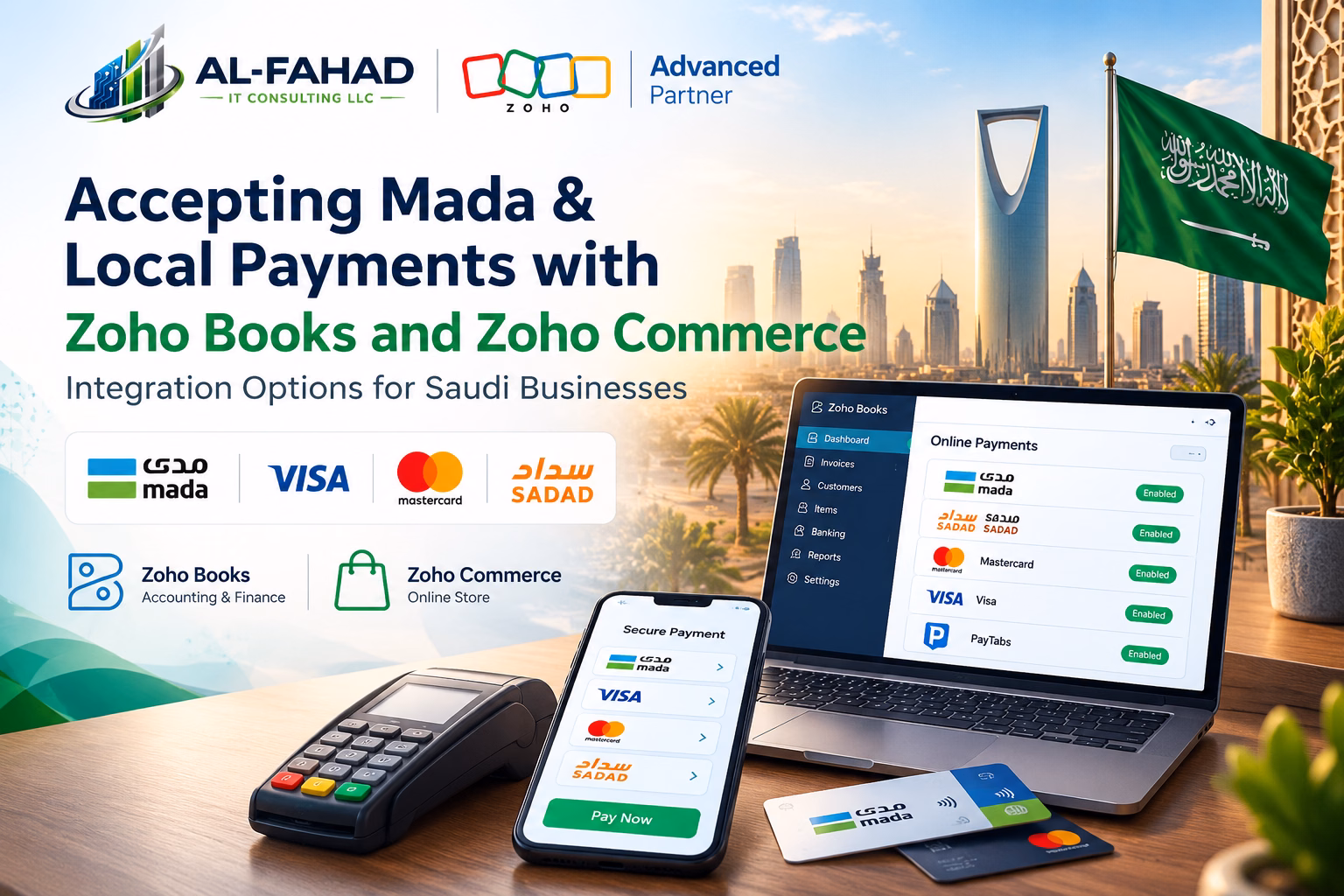 Zoho Books saudi payments setup showing Mada and local gateway integration options