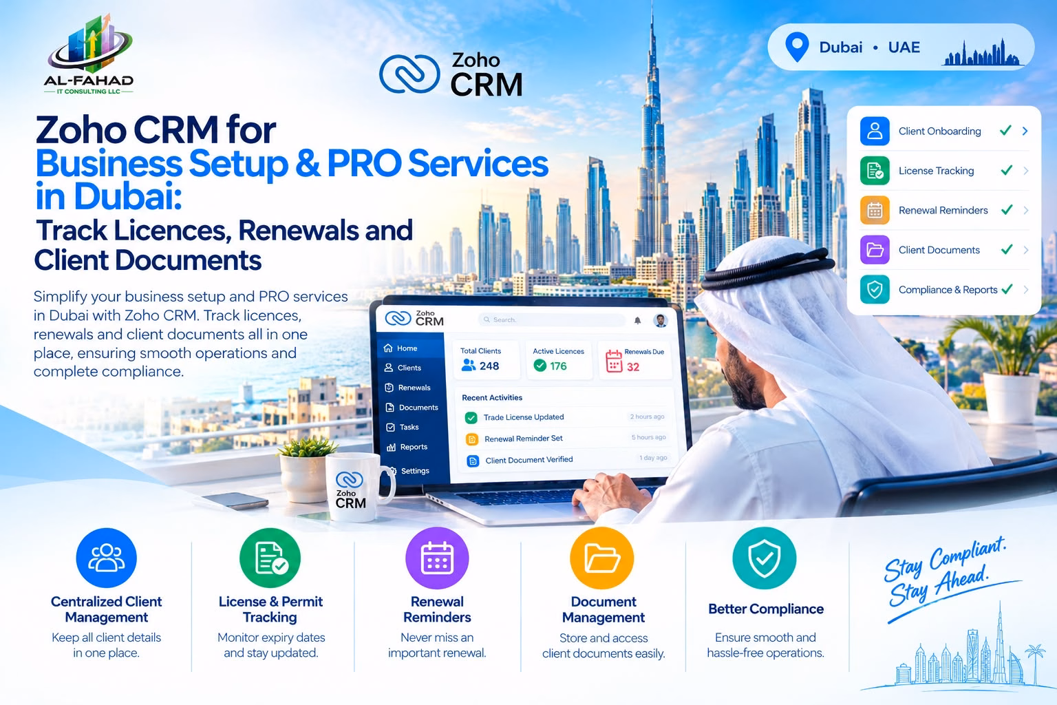 CRM for business setup company Dubai dashboard showing trade licence and visa expiry dates by client